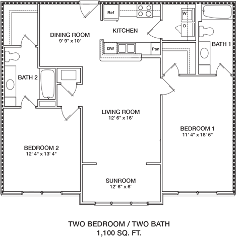 Floor plan for 2 beds, 2 baths, 1100 sqft